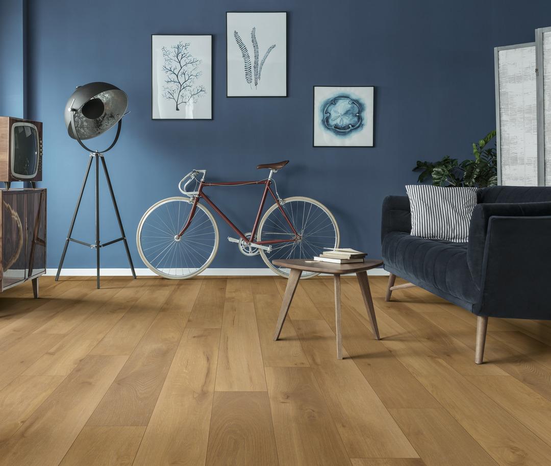 williamsburg oak floors in a modern retro living room