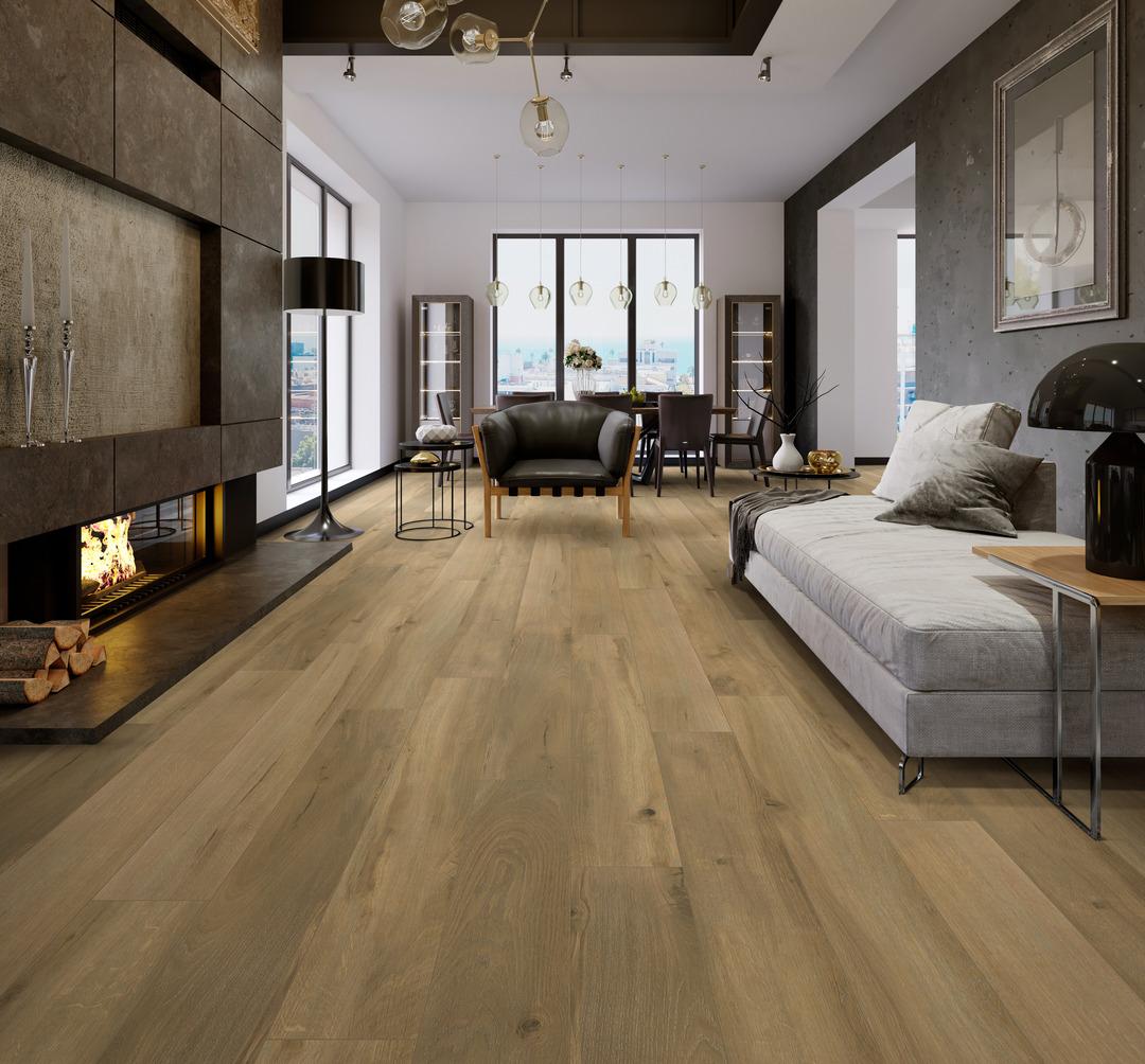 living room with fireplace and vicksburg oak flooring