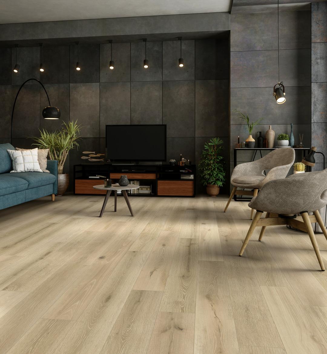 modern living room with shiloh oak floors