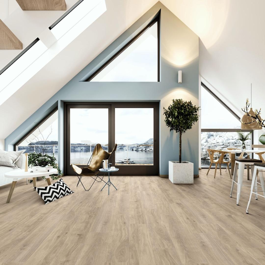 loft overlooking water with townsend oak floors