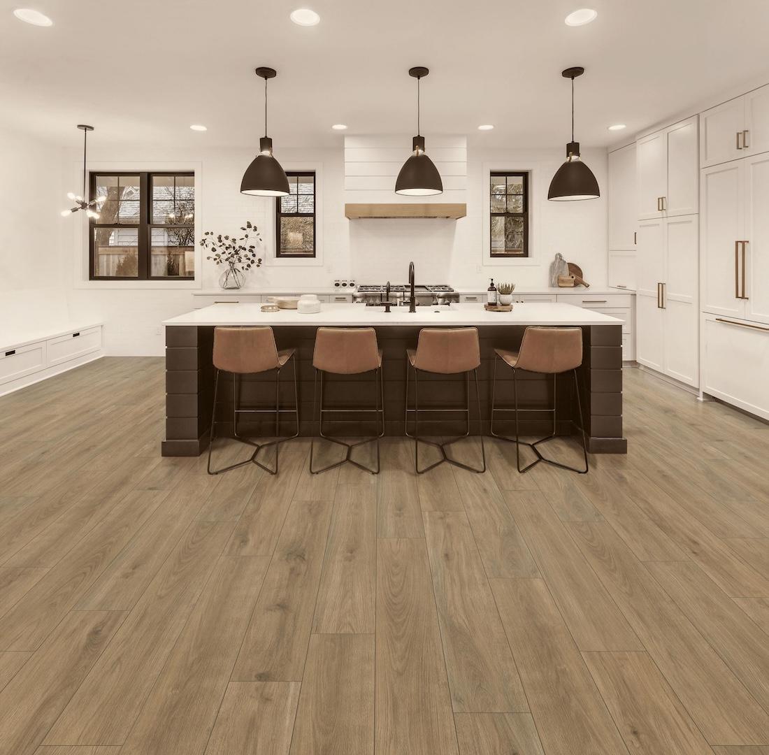 a kitchen with bombat hook oak floors